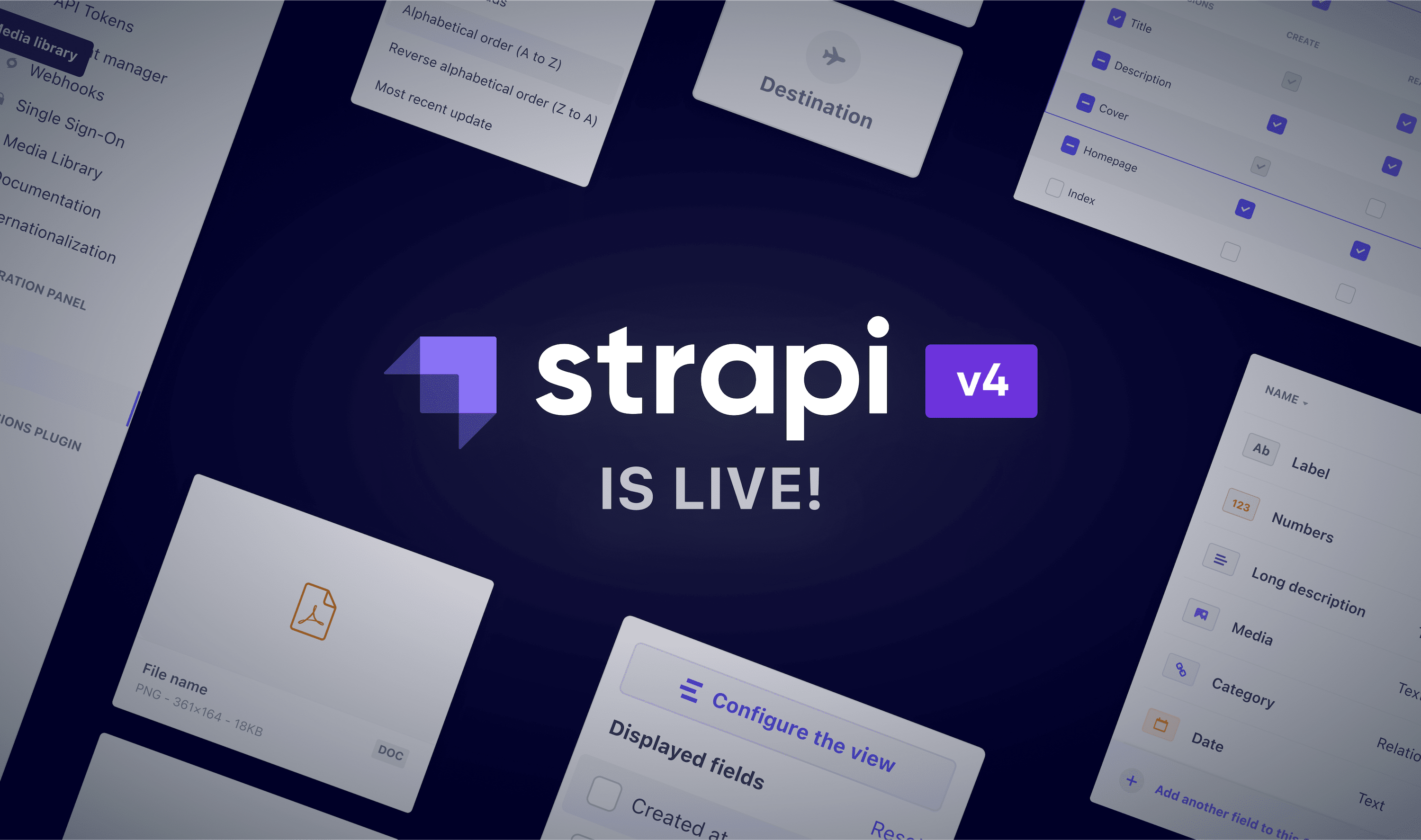 Strapi banner with text: Strapi v4 Is Live